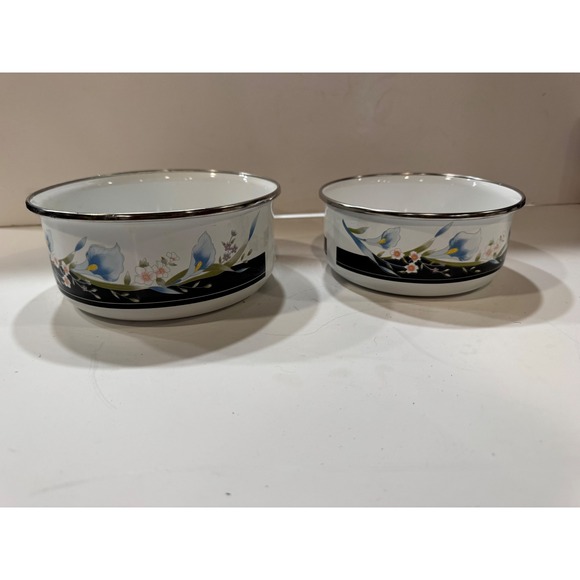 Enamel Bowls Set Blue stacking Iris Floral Design Kitchenware one lid B2.50 - Picture 5 of 9